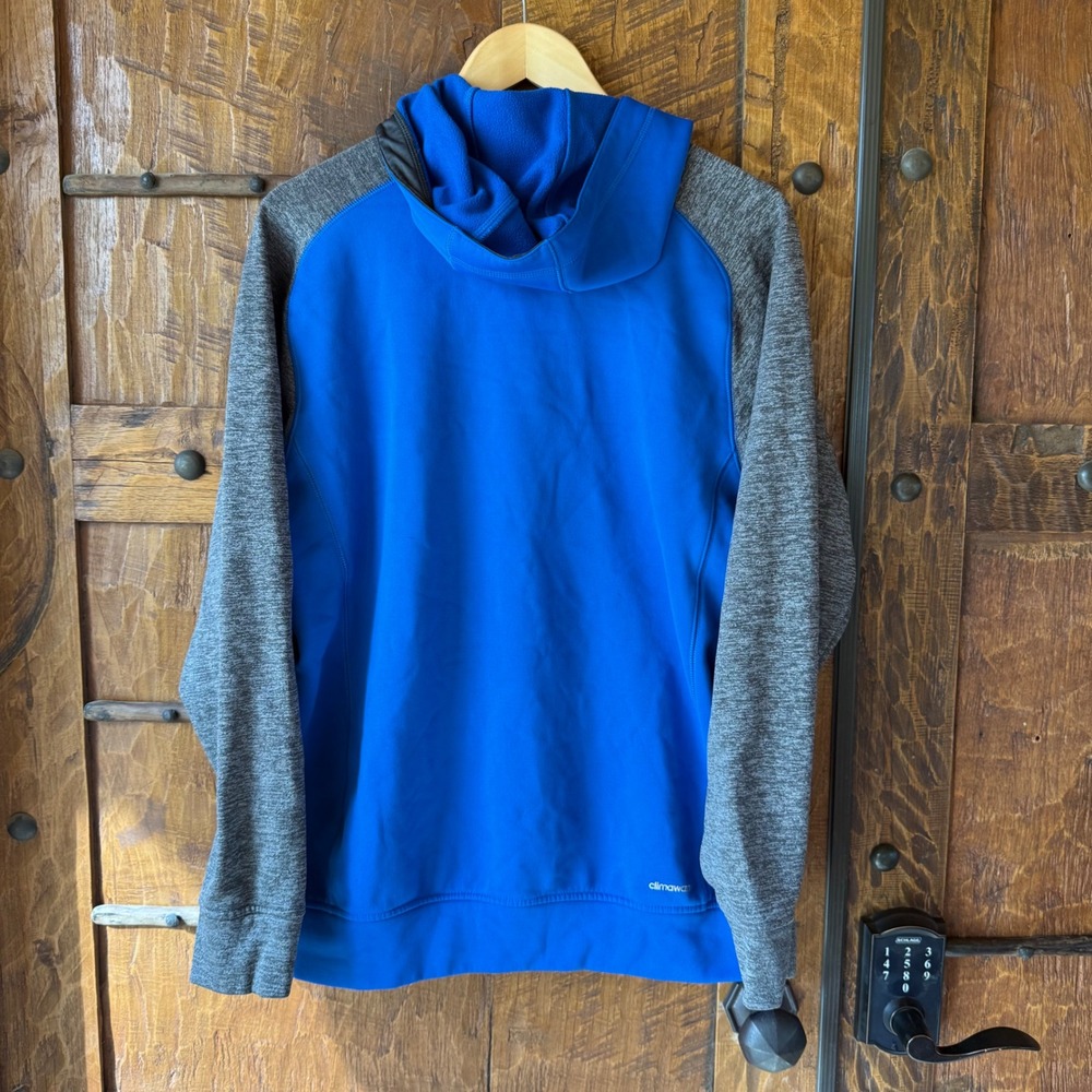 Adidas Full Zip Hoodie Mens Large Blue Gray Climawarm Fleece Raglan Jacket - Picture 5 of 9